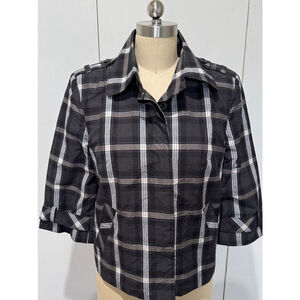 Identify lightweight Plaid 3/4 sleeve button frontJacket Sz 4 Black Gray White